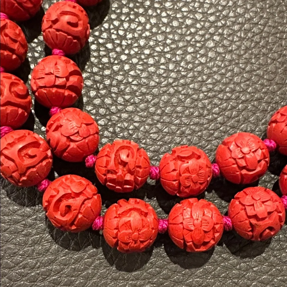 Vintage Hand Carved 28” Cinnabar Necklace